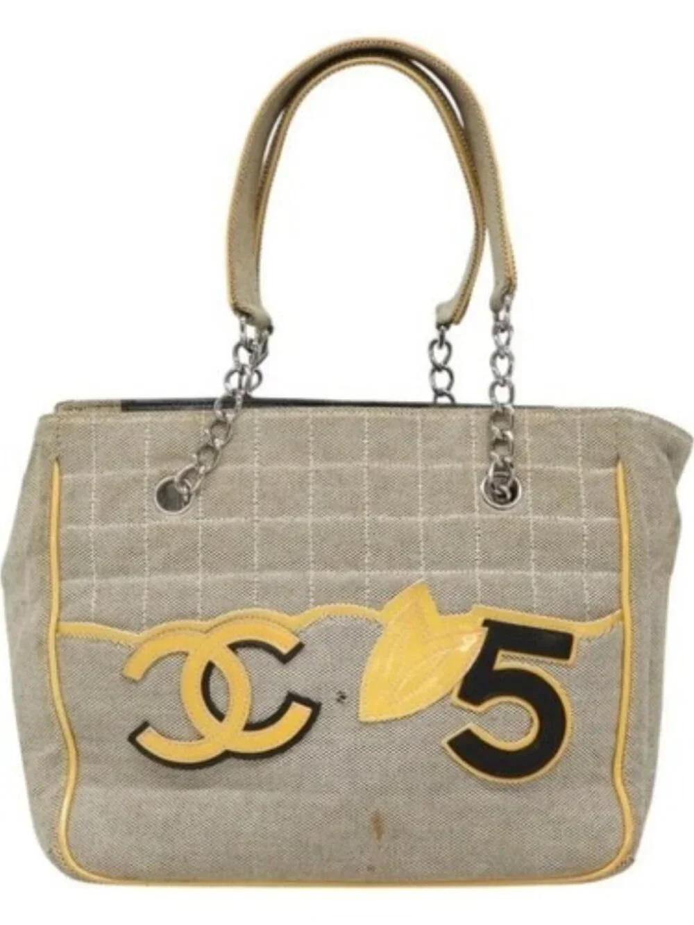 CHANEL Choco Bar Tote Bag Canvas Beige Yellow CC Auth 116301
